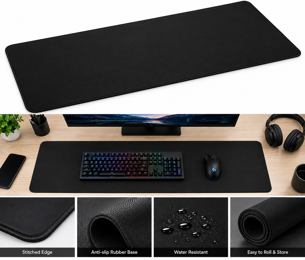 Extended Black Desk Mat - Anti-Slip Mouse Pad